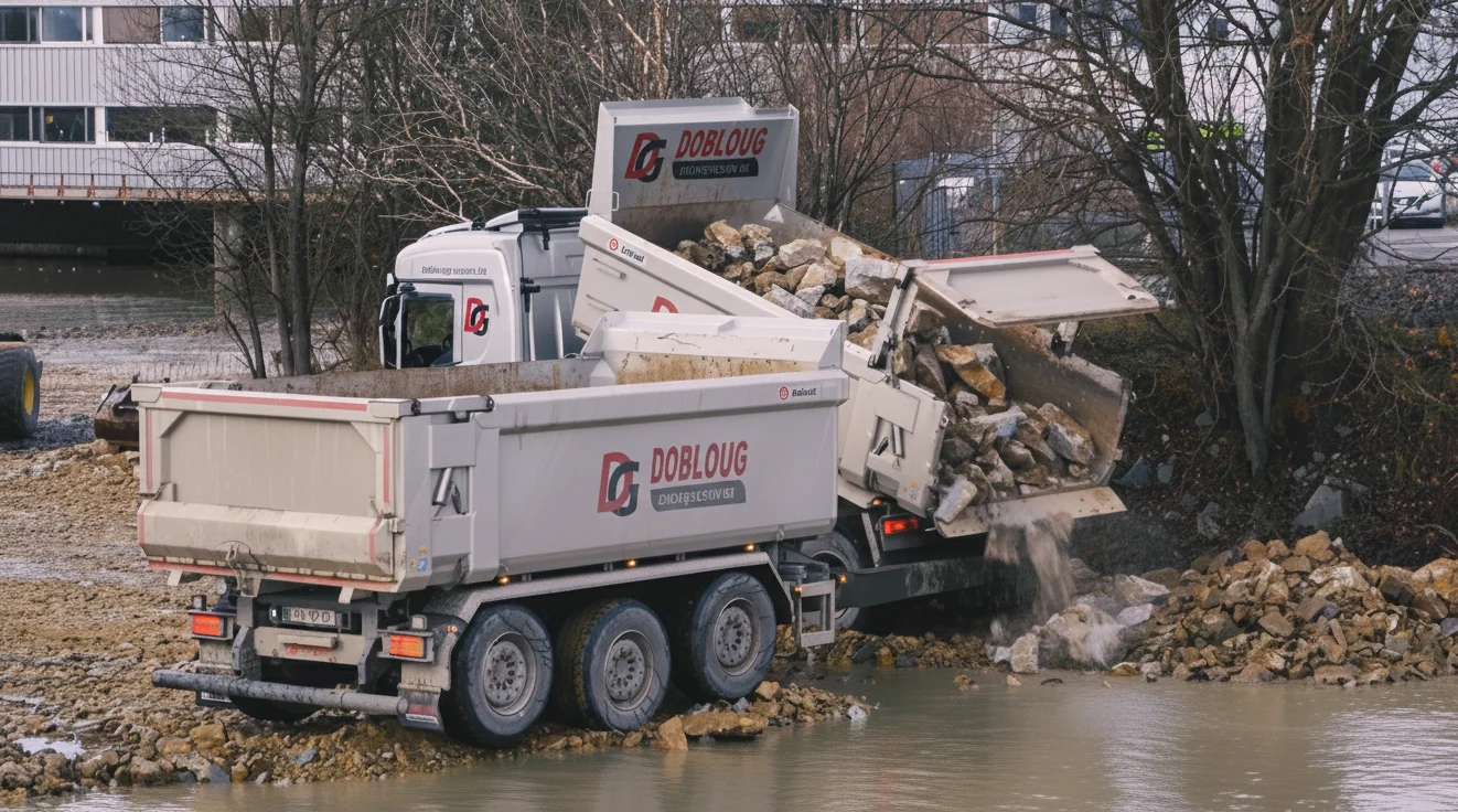 lastebil fra Dobloug tømmer stein i vann