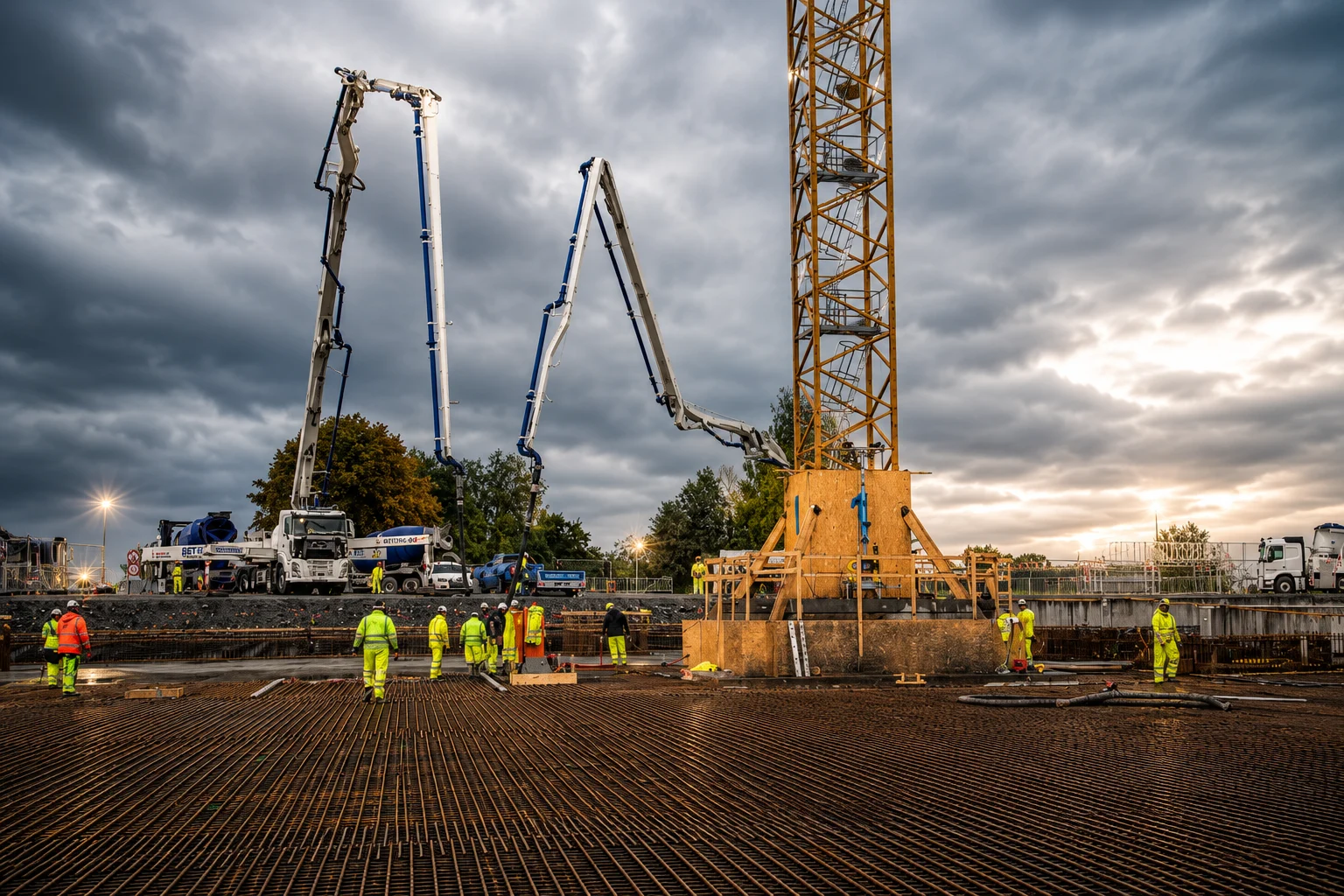 Byggarbeidere i refleksklær er i full sving på en stor byggeplass på Brygga i Hamar, der kraner og sementbiler støper betongplater til et armeringsjernforsterket fundament, mens kveldslyset bryter gjennom den overskyede himmelen.